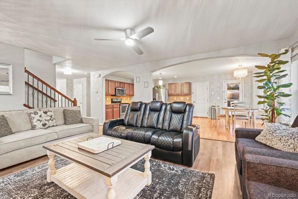 Chandelier, Dining room, Interior, Kitchen, Living room, Recessed Lighting, Wood Texture Flooring