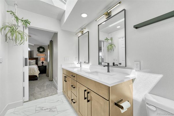 Bathroom, Bedroom, Dual Sink Vanities, Interior, Marble, Recessed Lighting