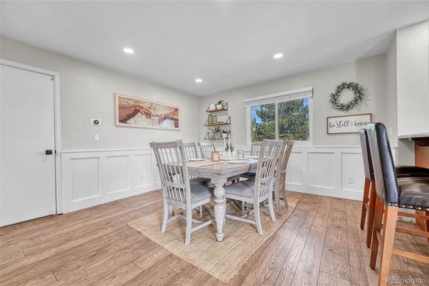 Dining room, Interior, Recessed Lighting, Wood Texture Flooring