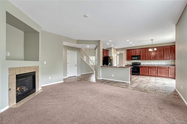 Empty room, Fireplace, Interior, Kitchen, Pendant Lights, Recessed Lighting
