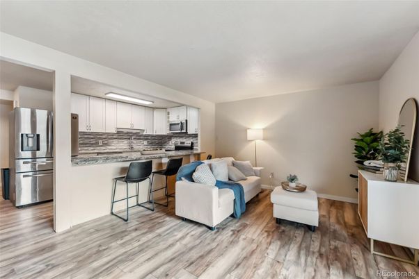 Interior, Kitchen, Living room, Stainless Steel Appliances, Wood Texture Flooring