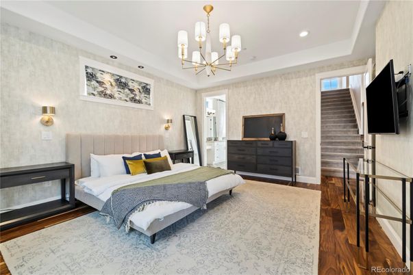 Bedroom, Chandelier, Interior, Recessed Lighting, Wood Texture Flooring