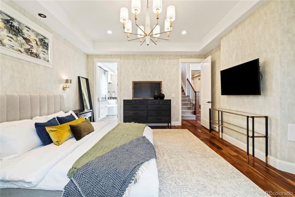Bedroom, Chandelier, Interior, Pendant Lights, Recessed Lighting, Wood Texture Flooring