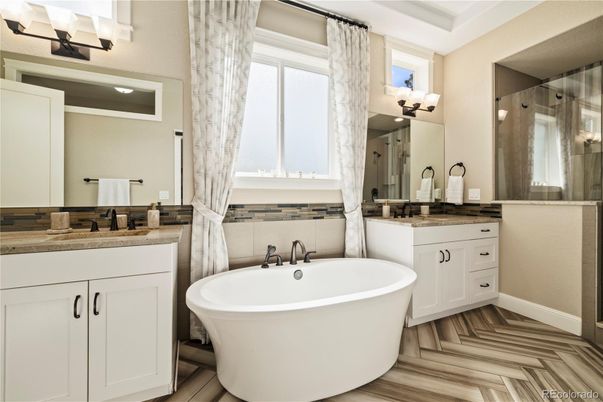 Bathroom, Dual Sink Vanities, Free Standing Baths, Interior, Wood Texture Flooring