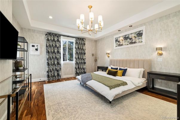 Bedroom, Chandelier, Interior, Recessed Lighting, Wood Texture Flooring