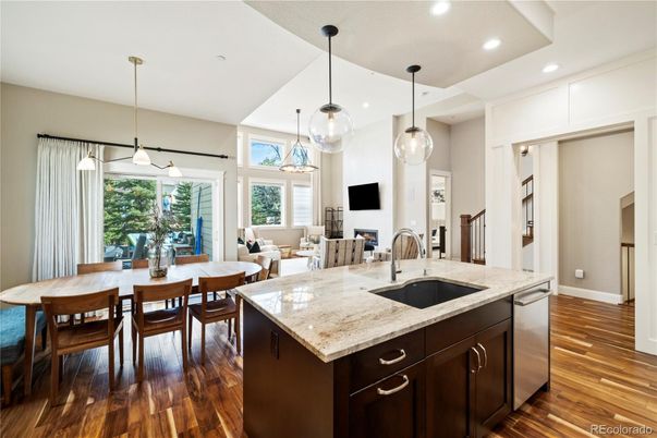 Dining room, Fireplace, Interior, Kitchen, Living room, Pendant Lights, Recessed Lighting, Wood Texture Flooring