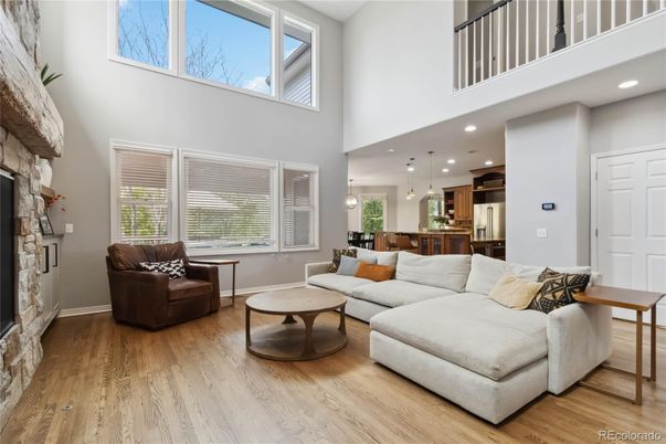 Fireplace, Interior, Kitchen, Living room, Pendant Lights, Recessed Lighting, Wood Texture Flooring