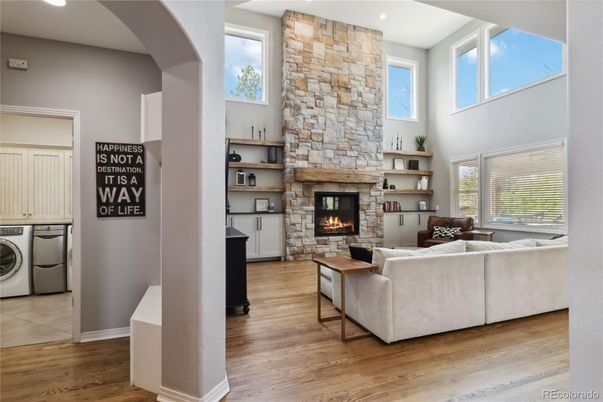 Fireplace, Interior, Living room, Recessed Lighting, Wood Texture Flooring