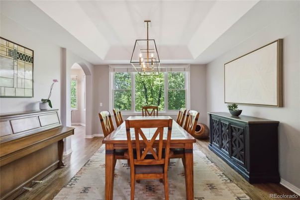Dining room, Interior, Pendant Lights, Wood Texture Flooring