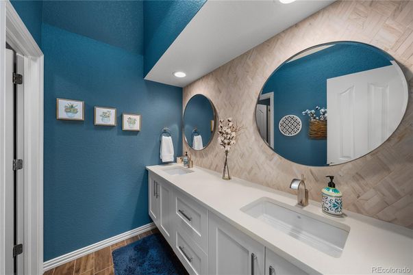 Bathroom, Dual Sink Vanities, Interior, Recessed Lighting, Wood Texture Flooring