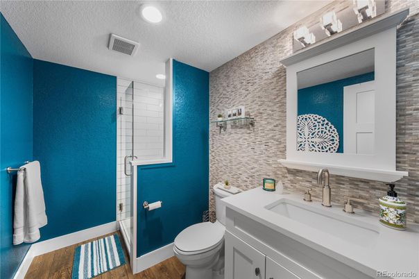 Bathroom, Glass Shower, Interior, Recessed Lighting, Wood Texture Flooring
