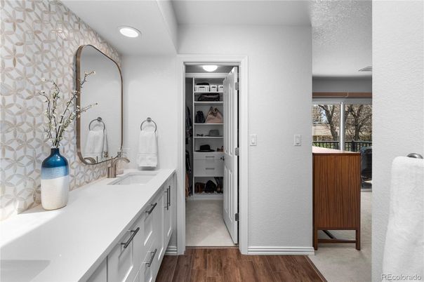 Bathroom, Dual Sink Vanities, Interior, Recessed Lighting, Wood Texture Flooring