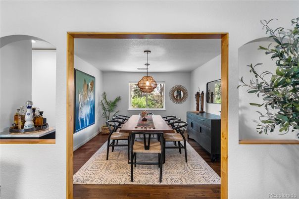 Dining room, Interior, Pendant Lights, Wood Texture Flooring