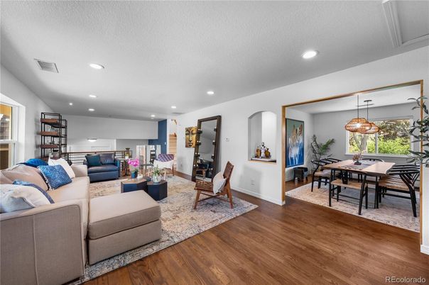 Dining room, Interior, Living room, Pendant Lights, Recessed Lighting, Wood Texture Flooring