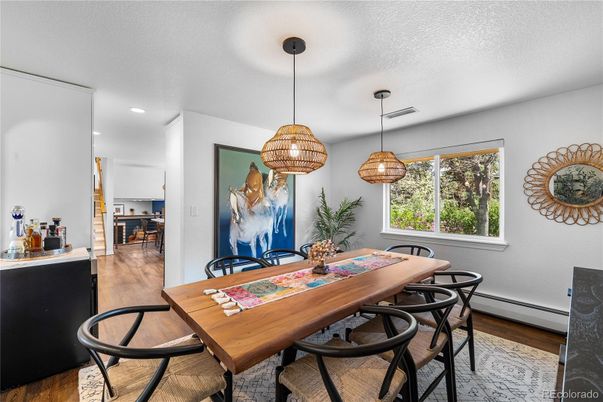 Dining room, Interior, Pendant Lights, Recessed Lighting, Wood Texture Flooring