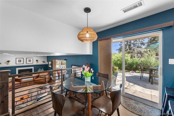 Dining room, Interior, Pendant Lights, Wood Texture Flooring
