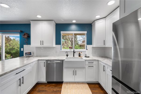 Interior, Kitchen, Recessed Lighting, Stainless Steel Appliances, Wood Texture Flooring