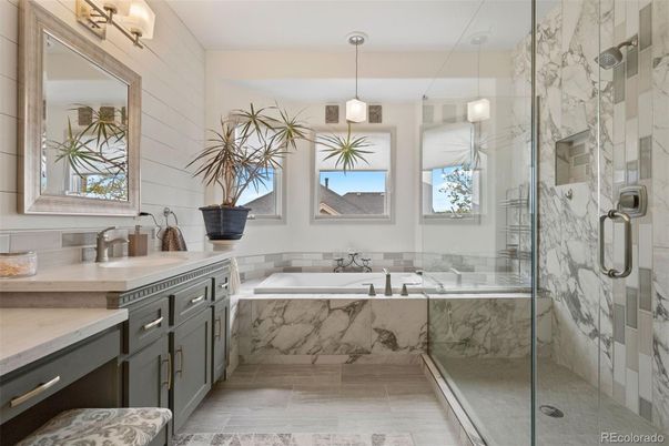 Bathroom, Glass Shower, Interior, Marble Walls, Pendant Lights