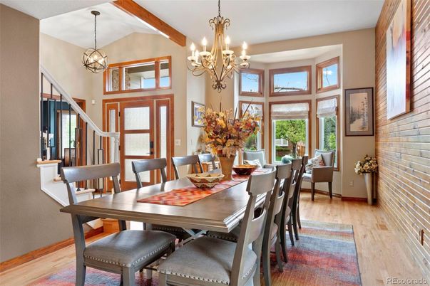 Chandelier, Dining room, Interior, Stone Walls, Wooden Beams, Wood Texture Flooring
