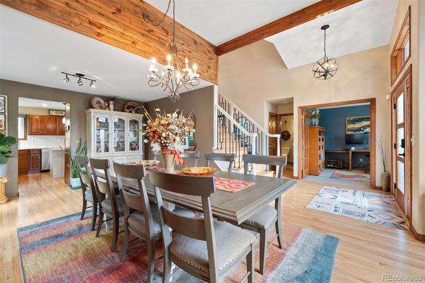 Chandelier, Dining room, Interior, Kitchen, Pendant Lights, Wooden Beams, Wood Texture Flooring