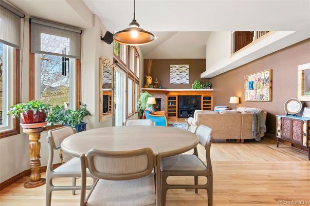 Dining room, Fireplace, Interior, Living room, Pendant Lights, Wood Texture Flooring