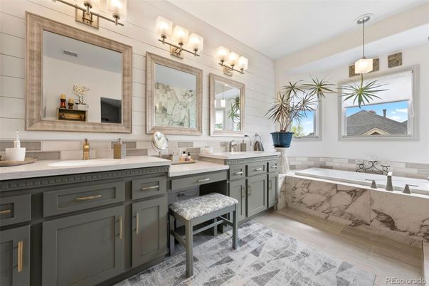 Bathroom, Dual Sink Vanities, Interior, Pendant Lights, Wood Texture Flooring
