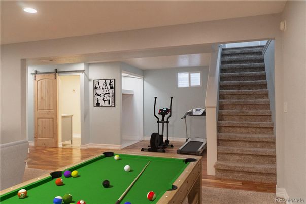 Billiard Table, Fitness Equipment, Game Room, Interior, Recessed Lighting, Wood Texture Flooring