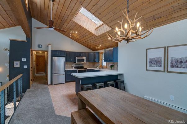 Chandelier, Interior, Kitchen, Stainless Steel Appliances, Wooden Ceilings