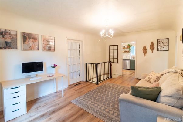 Chandelier, Home Office, Interior, Wood Texture Flooring