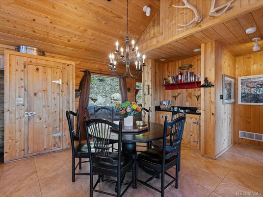Chandelier, Dining room, Interior, Wooden Ceilings, Wooden Walls
