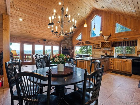 Chandelier, Dining room, Fireplace, Interior, Kitchen, Pendant Lights, Recessed Lighting, Wooden Ceilings, Wooden Walls