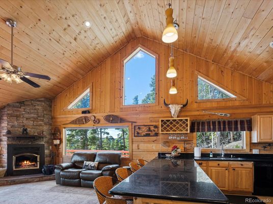 Fireplace, Interior, Kitchen, Living room, Pendant Lights, Stone Walls, Wooden Ceilings, Wooden Walls
