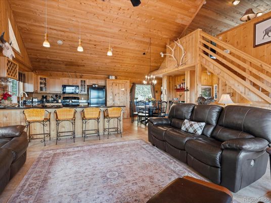 Chandelier, Dining room, Interior, Kitchen, Living room, Pendant Lights, Wooden Ceilings, Wood Texture Flooring, Wooden Walls
