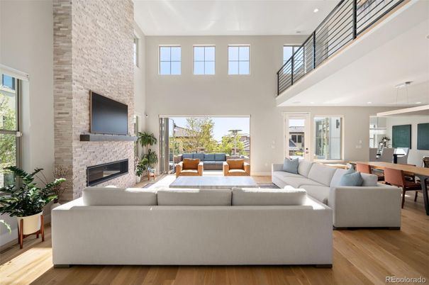 Dining room, Fireplace, Interior, Living room, Pendant Lights, Recessed Lighting, Stone Walls, Wood Texture Flooring