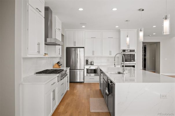 Interior, Kitchen, Pendant Lights, Recessed Lighting, Stainless Steel Appliances, Wood Texture Flooring