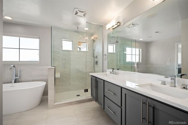 Bathroom, Dual Sink Vanities, Free Standing Baths, Glass Shower, Interior, Recessed Lighting