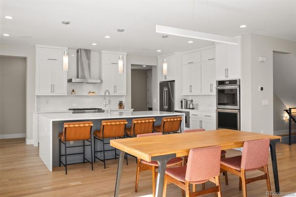 Interior, Kitchen, Pendant Lights, Recessed Lighting, Stainless Steel Appliances, Wood Texture Flooring