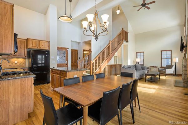 Chandelier, Dining room, Interior, Kitchen, Living room, Pendant Lights, Wood Texture Flooring