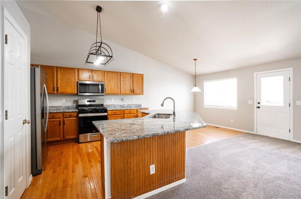 Interior, Kitchen, Pendant Lights, Stainless Steel Appliances, Wood Texture Flooring