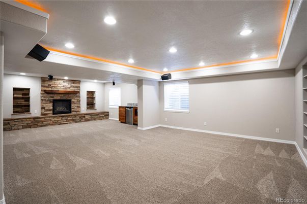 Empty room, Fireplace, Interior, Recessed Lighting, Stone Walls