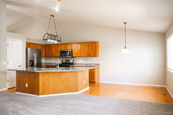Interior, Kitchen, Pendant Lights, Stainless Steel Appliances, Wood Texture Flooring