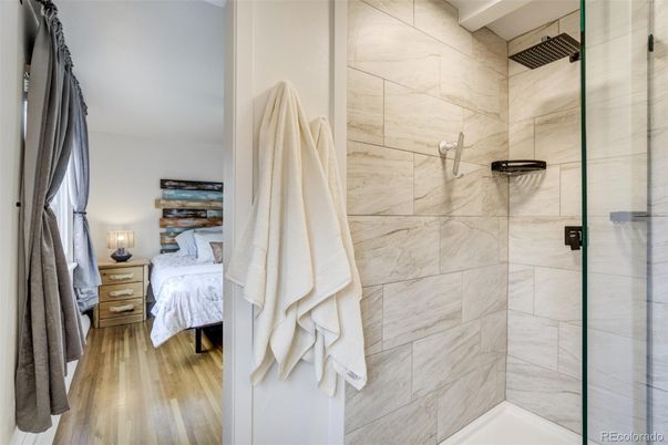 Bathroom, Bedroom, Glass Shower, Interior, Wood Texture Flooring