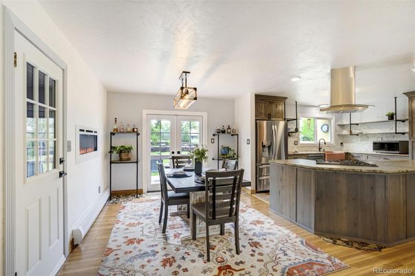 Dining room, Interior, Kitchen, Recessed Lighting, Stainless Steel Appliances, Wood Texture Flooring