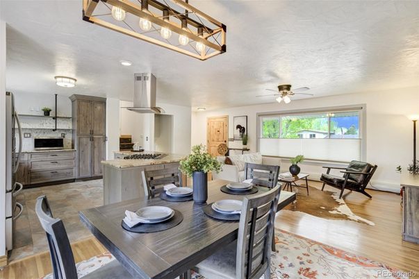 Dining room, Interior, Kitchen, Recessed Lighting, Wood Texture Flooring