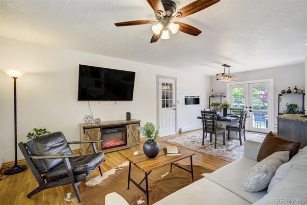 Dining room, Fireplace, Interior, Living room, Pendant Lights, Wood Texture Flooring