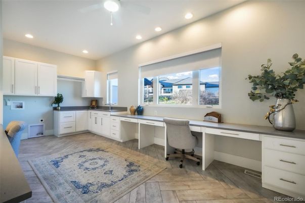 Home Office, Interior, Recessed Lighting, Wood Texture Flooring