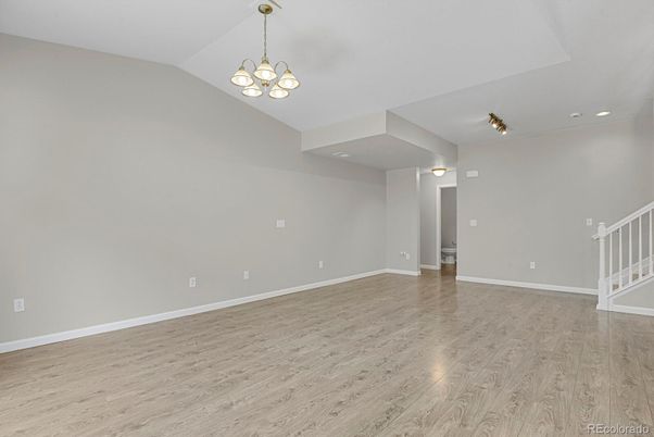 Chandelier, Empty room, Interior, Recessed Lighting, Wood Texture Flooring