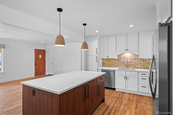 Interior, Kitchen, Pendant Lights, Recessed Lighting, Stainless Steel Appliances, Wood Texture Flooring
