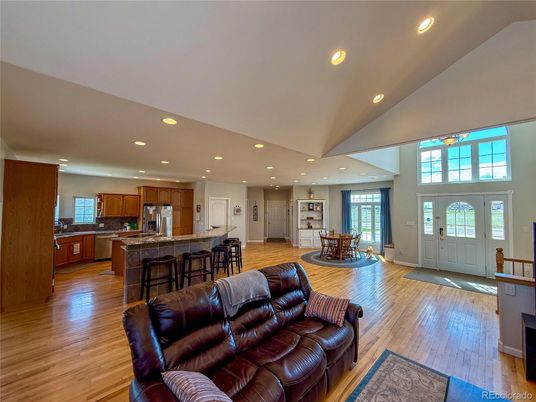 Dining room, Interior, Kitchen, Living room, Recessed Lighting, Wood Texture Flooring