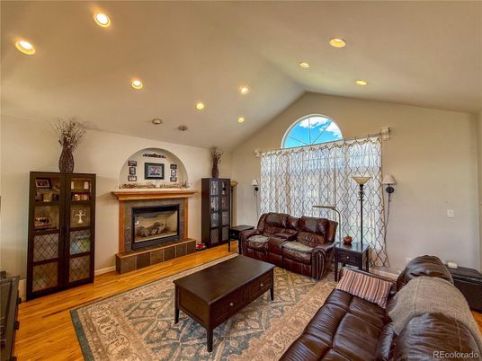 Fireplace, Interior, Living room, Recessed Lighting, Wood Texture Flooring